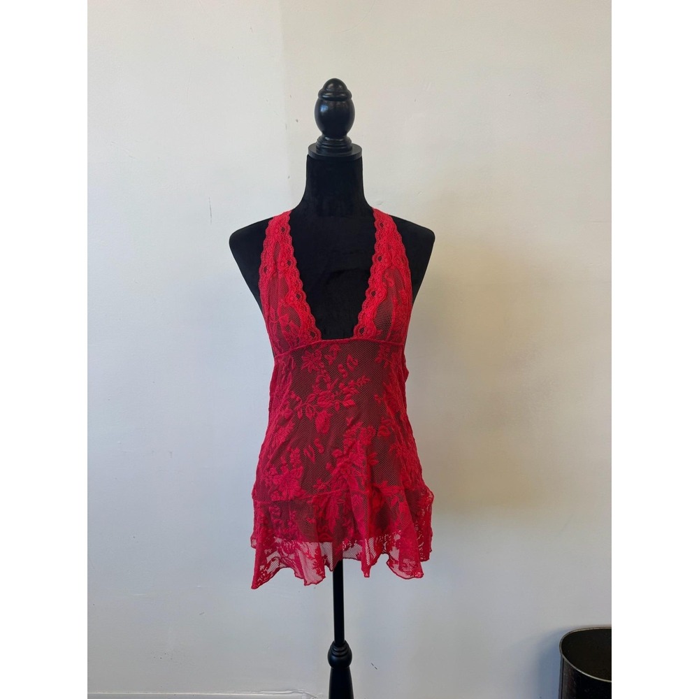 Victorias Secret Lace Babydoll Lingerie Medium Red Halter Sheer Sexy Vintage Y2K